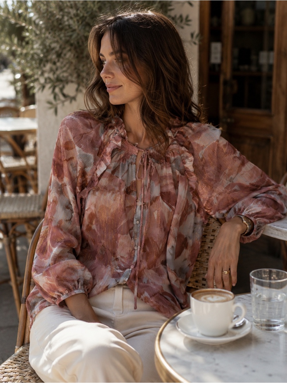 Women’s Dusty Rose Abstract Print Ruffle Tie-Neck Blouse
